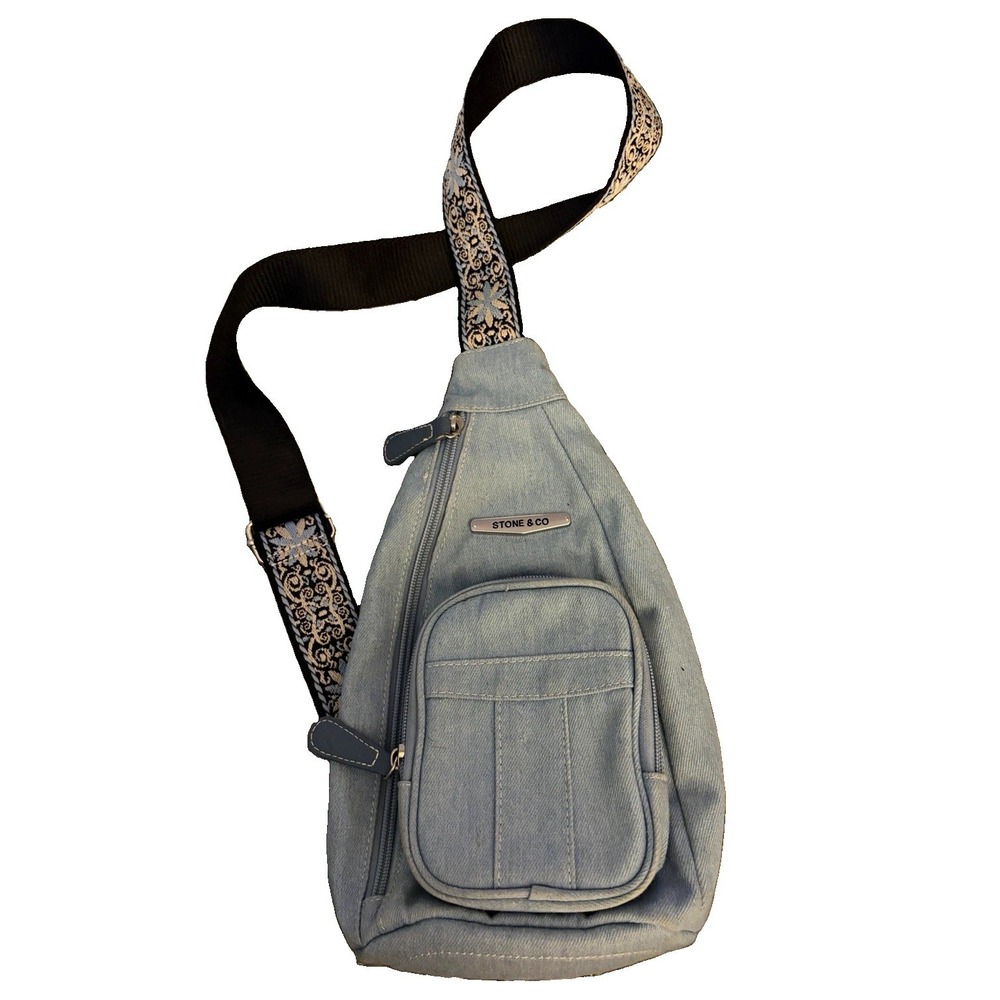 Stone & Co Light Blue Denim Sling Crossbody Bag Embroidered Strap key holder